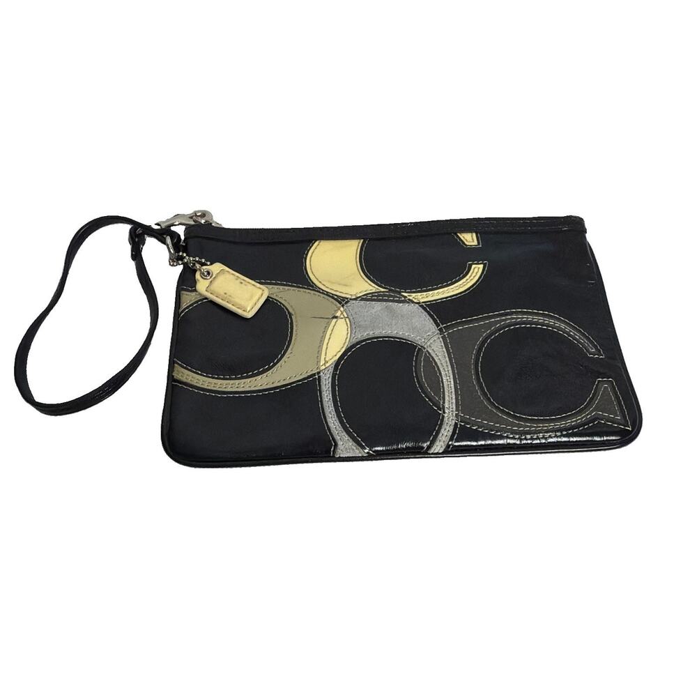 Coach Signature Inlaid Patent Black Grey Yellow Zippered Wristlet 8x5”